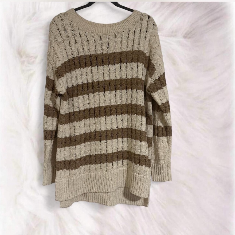 Anthropologie Pilcro Cream Brown Neutral Cable Knit Oversized Long Line Sweater